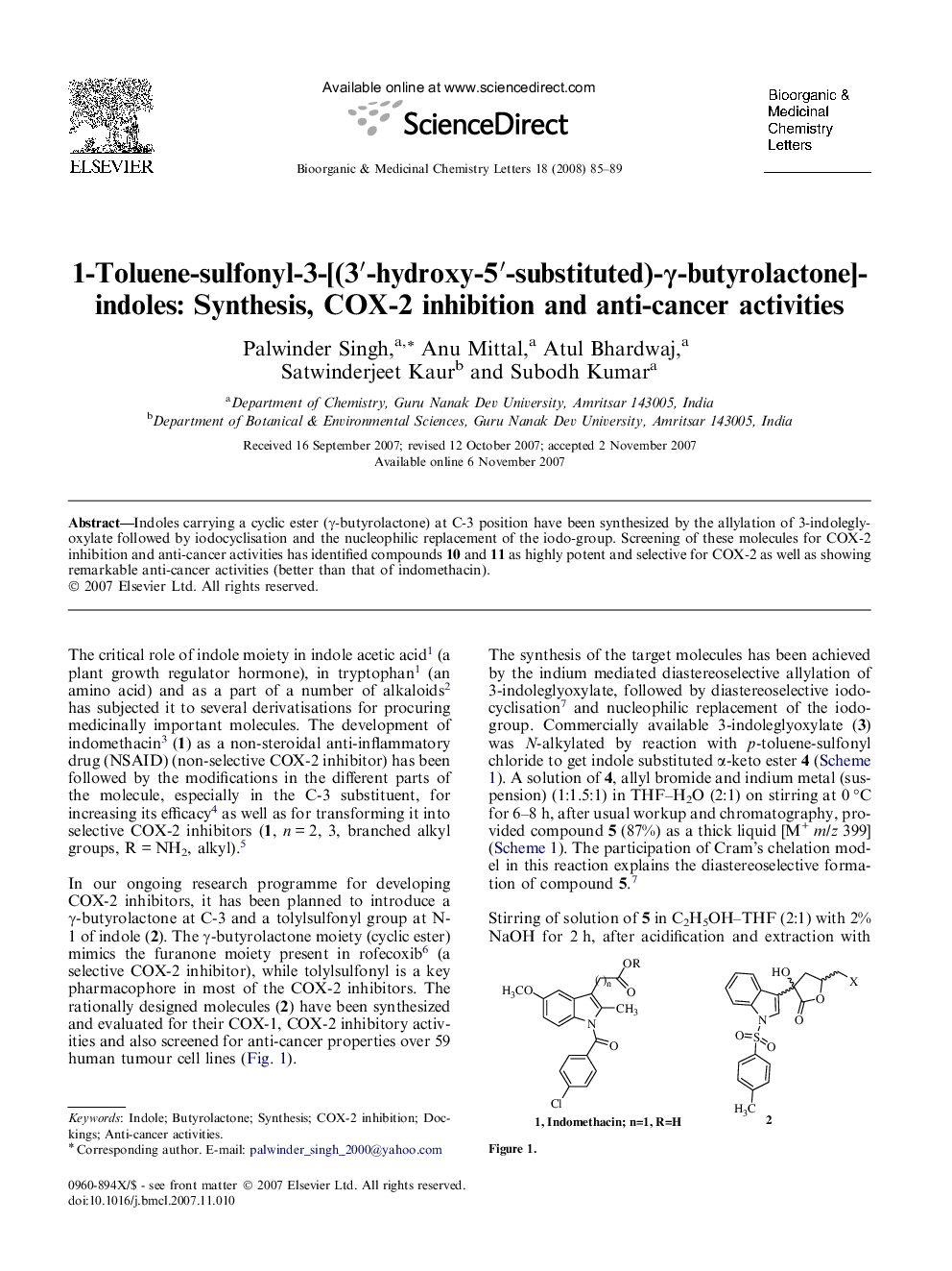 1-Toluene-sulfonyl-3-[(3′-hydroxy-5′-substituted)-γ-butyrolactone]-indoles: Synthesis, COX-2 inhibition and anti-cancer activities