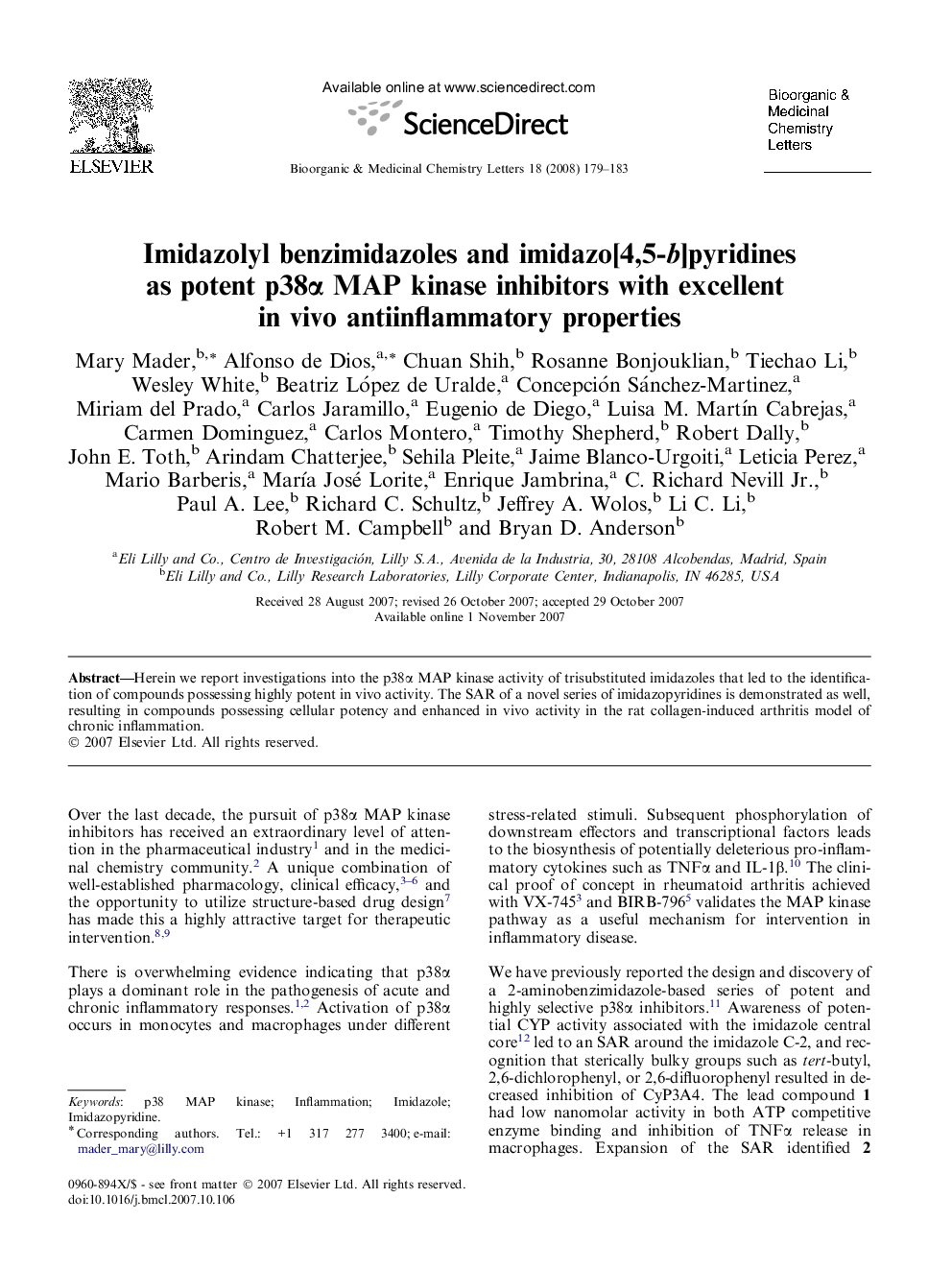 Imidazolyl benzimidazoles and imidazo[4,5-b]pyridines as potent p38α MAP kinase inhibitors with excellent in vivo antiinflammatory properties