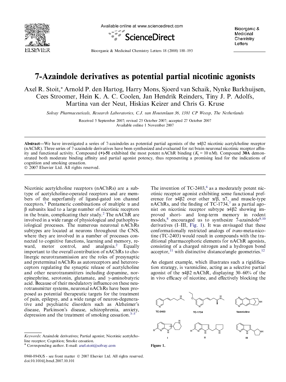 7-Azaindole derivatives as potential partial nicotinic agonists