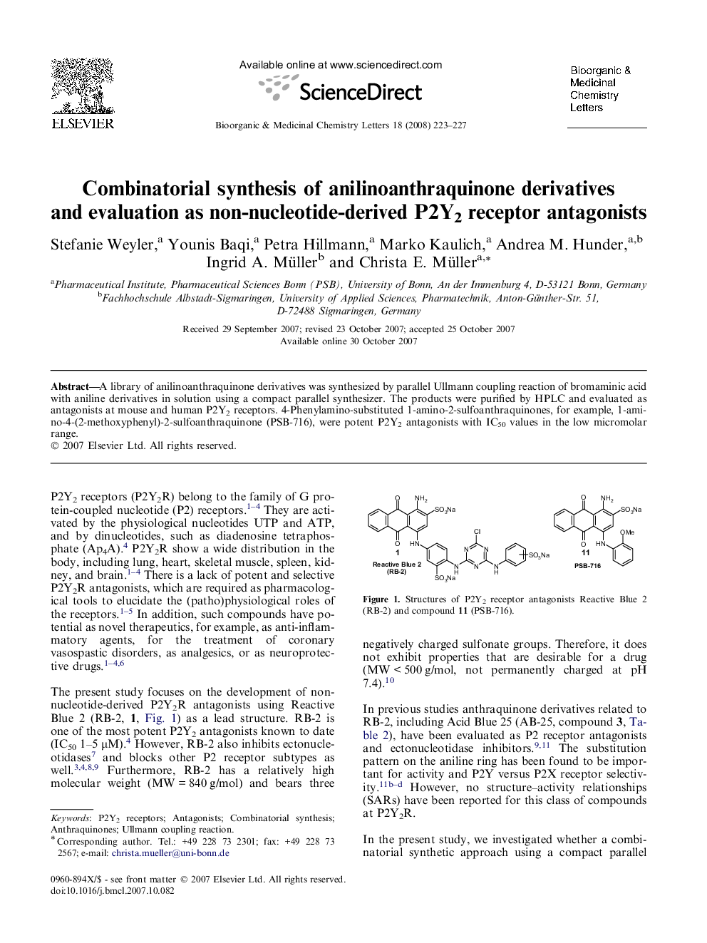 Combinatorial synthesis of anilinoanthraquinone derivatives and evaluation as non-nucleotide-derived P2Y2 receptor antagonists