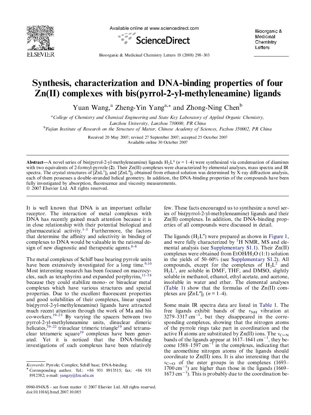 Synthesis, characterization and DNA-binding properties of four Zn(II) complexes with bis(pyrrol-2-yl-methyleneamine) ligands