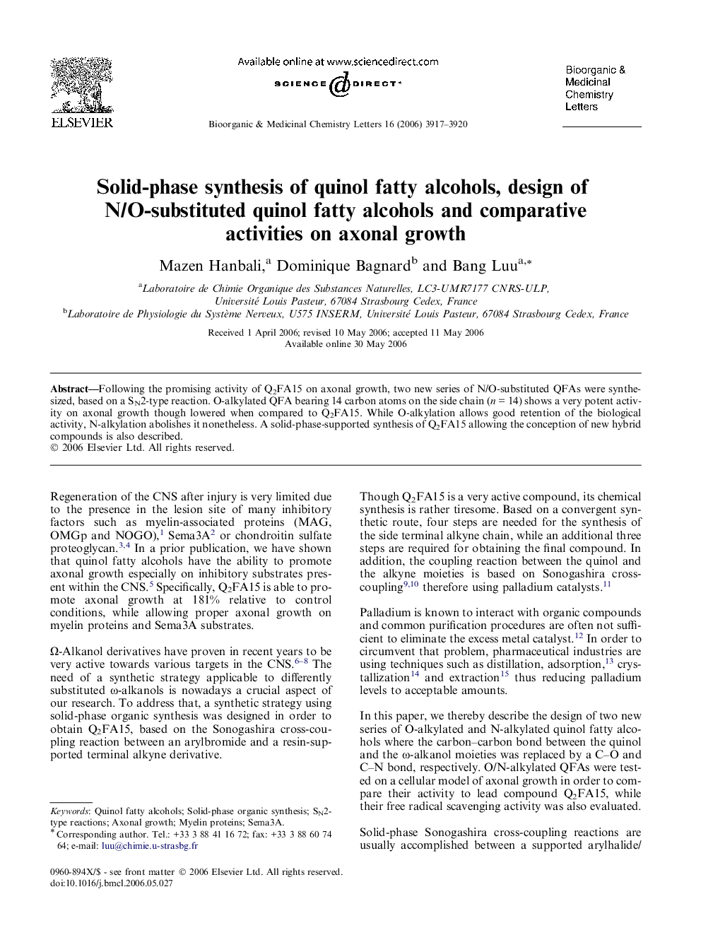 Solid-phase synthesis of quinol fatty alcohols, design of N/O-substituted quinol fatty alcohols and comparative activities on axonal growth