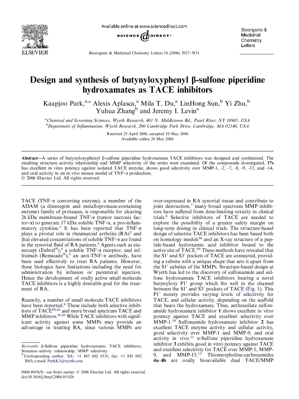 Design and synthesis of butynyloxyphenyl β-sulfone piperidine hydroxamates as TACE inhibitors