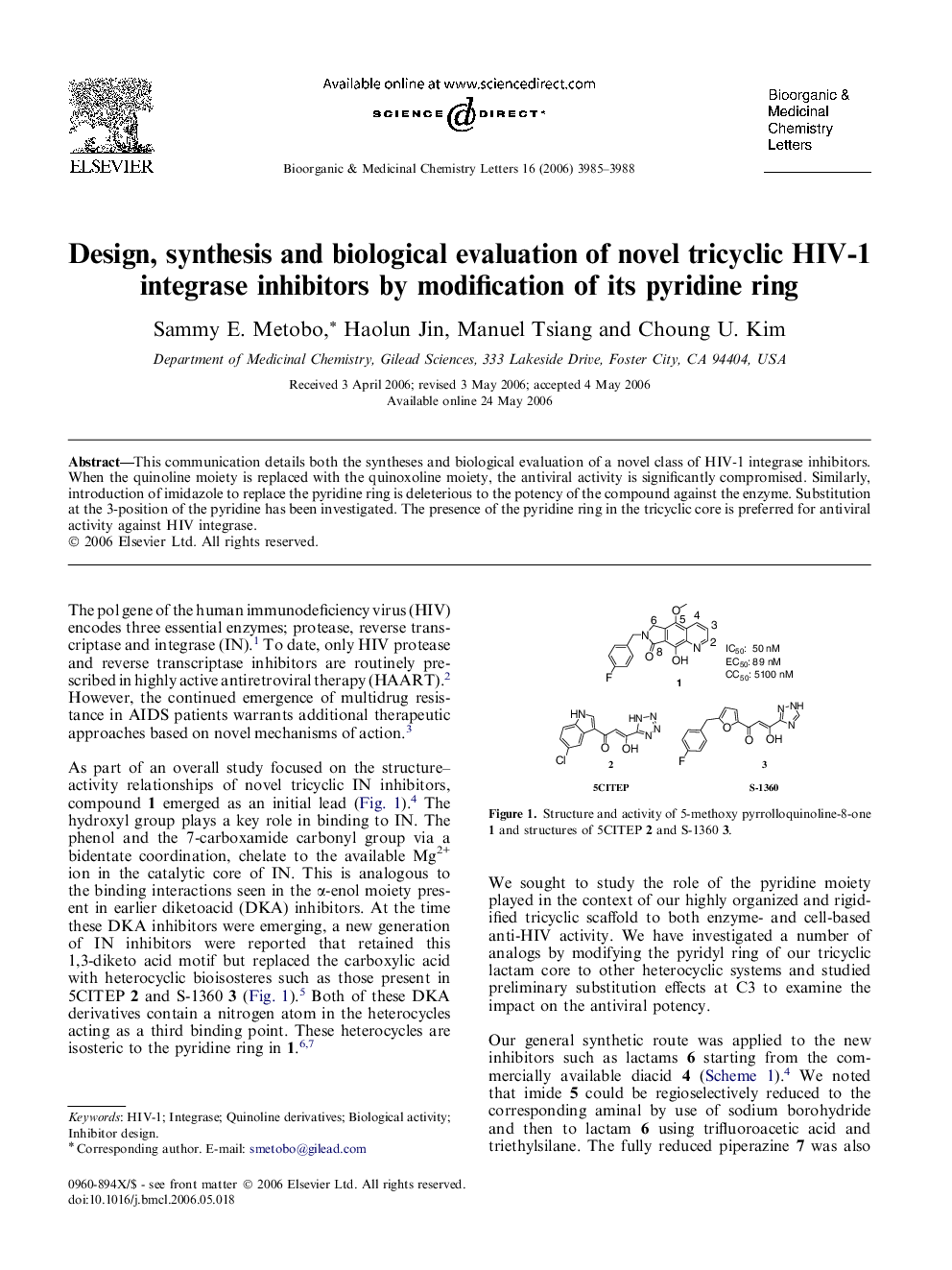 Design, synthesis, and biological evaluation of novel tricyclic HIV-1 integrase inhibitors by modification of its pyridine ring