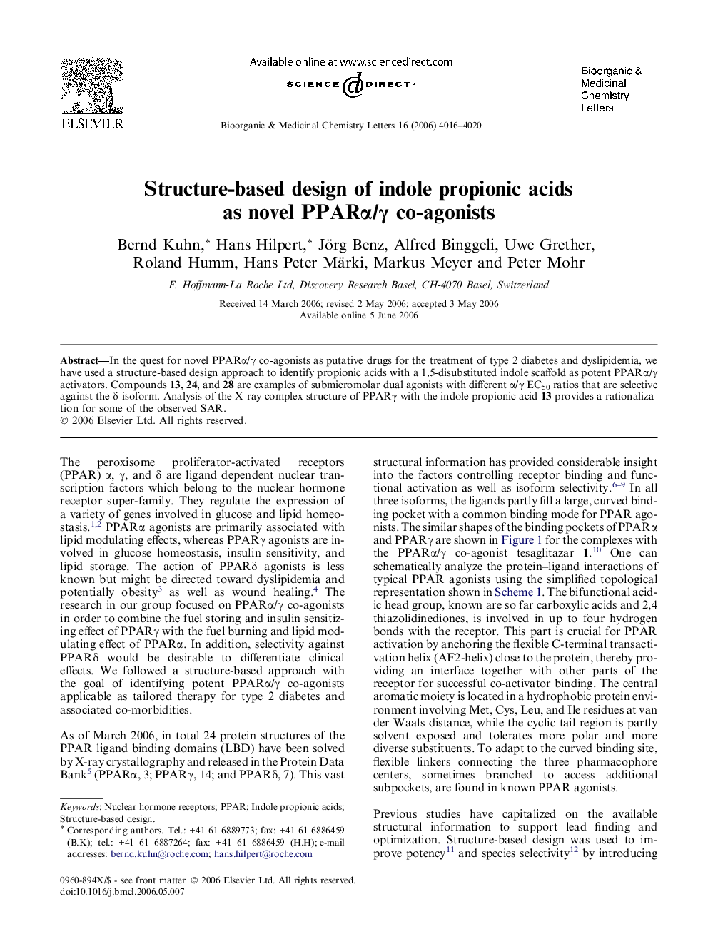 Structure-based design of indole propionic acids as novel PPARα/γ co-agonists