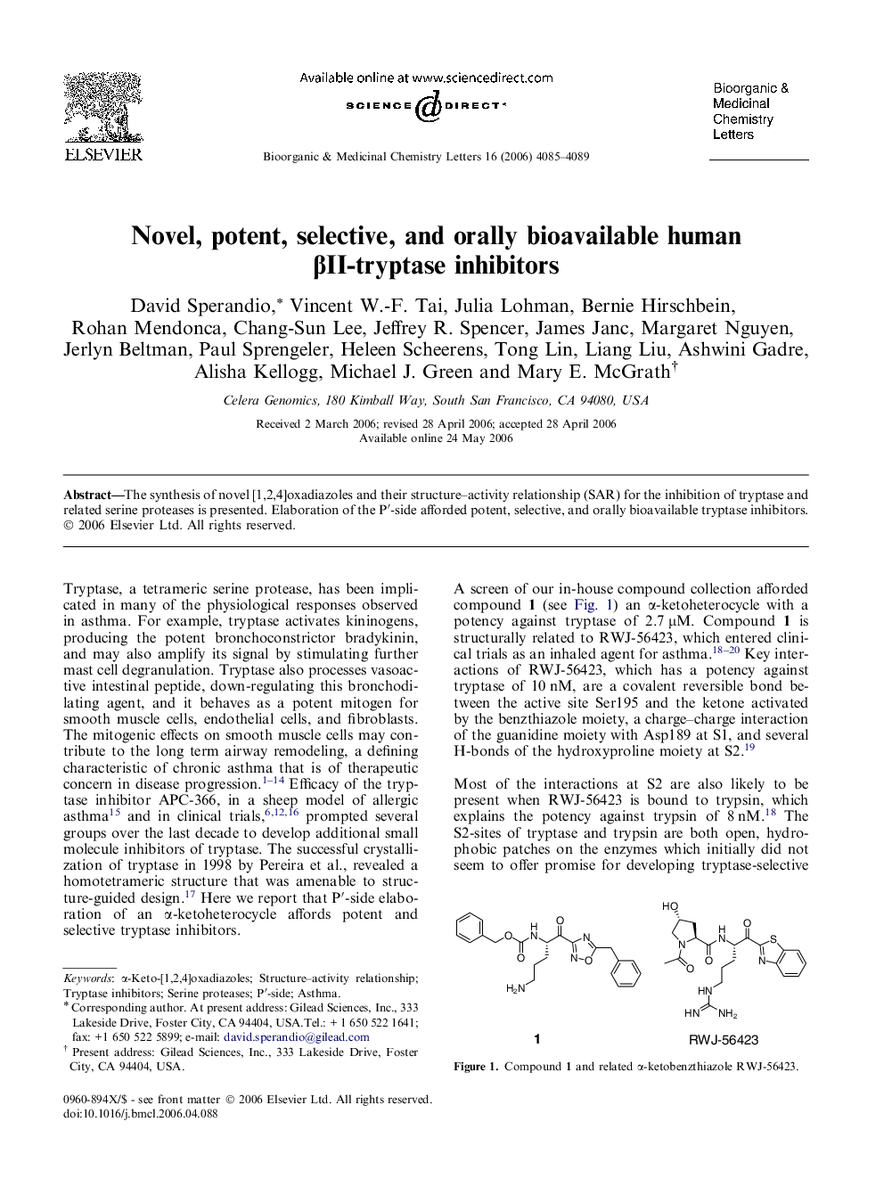 Novel, potent, selective, and orally bioavailable human Î²II-tryptase inhibitors