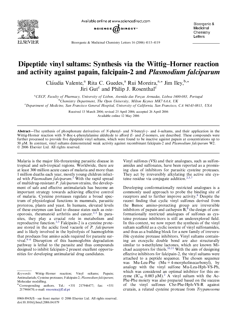 Dipeptide vinyl sultams: Synthesis via the Wittig–Horner reaction and activity against papain, falcipain-2 and Plasmodium falciparum