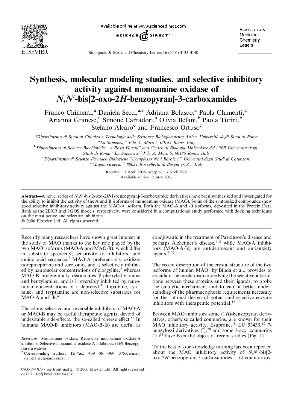 Synthesis, molecular modeling studies, and selective inhibitory activity against monoamine oxidase of N,N′-bis[2-oxo-2H-benzopyran]-3-carboxamides