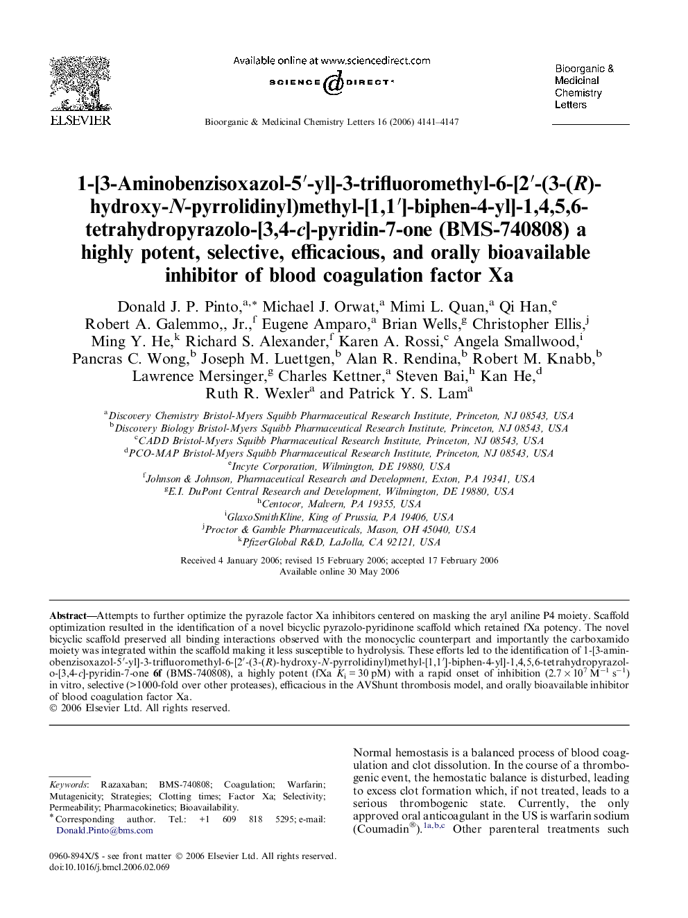 1-[3-Aminobenzisoxazol-5′-yl]-3-trifluoromethyl-6-[2′-(3-(R)-hydroxy-N-pyrrolidinyl)methyl-[1,1′]-biphen-4-yl]-1,4,5,6-tetrahydropyrazolo-[3,4-c]-pyridin-7-one (BMS-740808) a highly potent, selective, efficacious, and orally bioavailable inhibitor of bloo