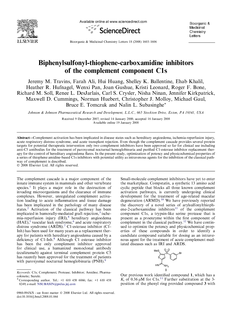 Biphenylsulfonyl-thiophene-carboxamidine inhibitors of the complement component C1s