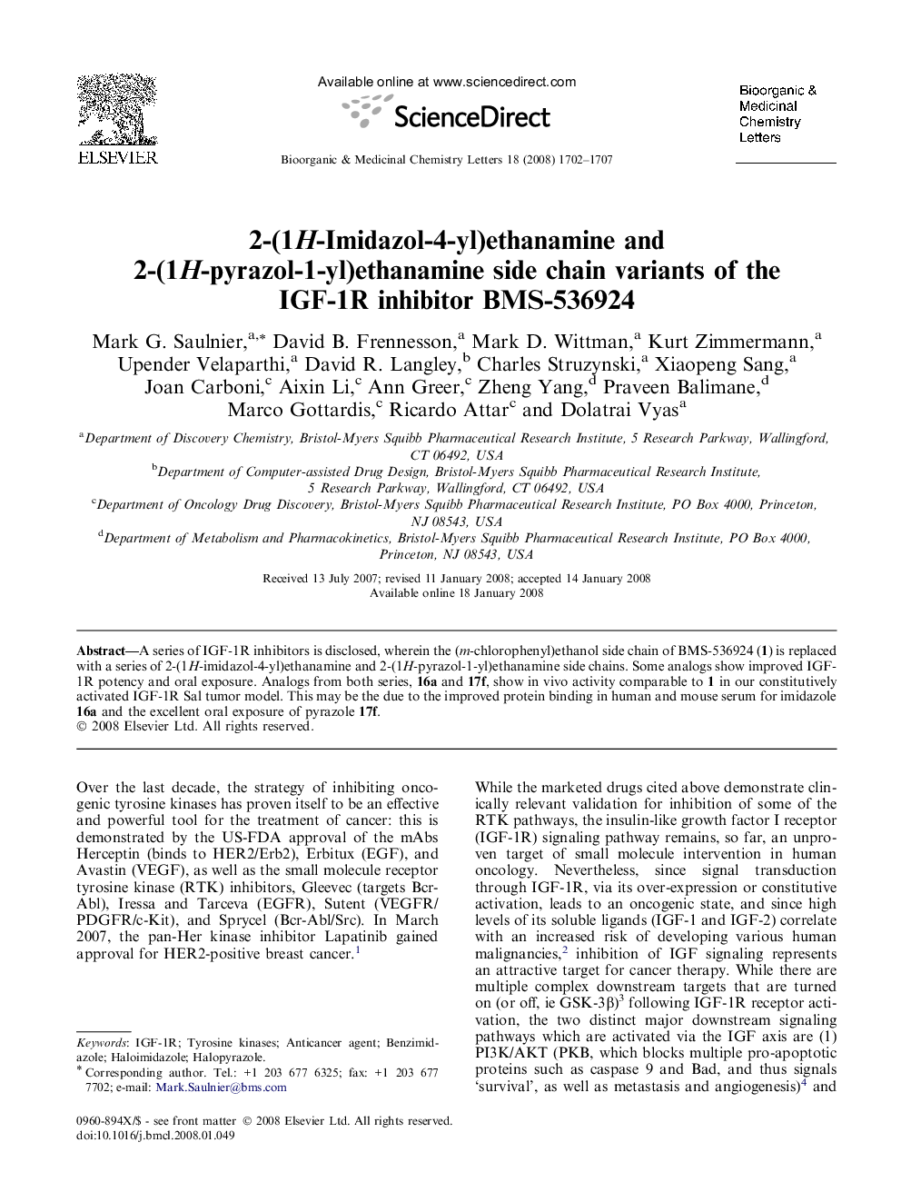 2-(1H-Imidazol-4-yl)ethanamine and 2-(1H-pyrazol-1-yl)ethanamine side chain variants of the IGF-1R inhibitor BMS-536924