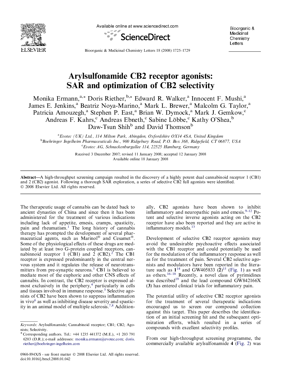 Arylsulfonamide CB2 receptor agonists: SAR and optimization of CB2 selectivity