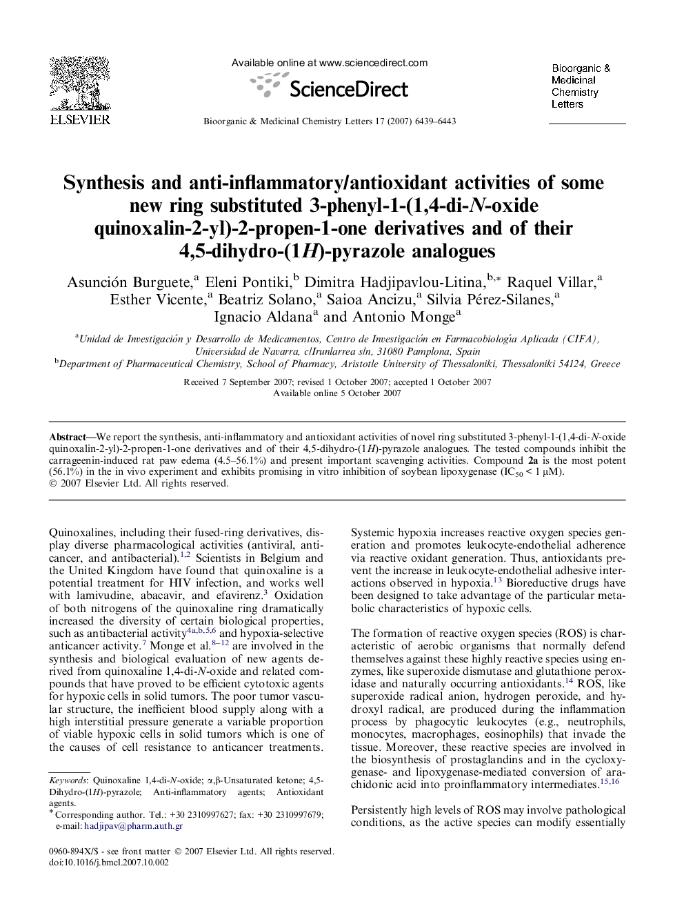 Synthesis and anti-inflammatory/antioxidant activities of some new ring substituted 3-phenyl-1-(1,4-di-N-oxide quinoxalin-2-yl)-2-propen-1-one derivatives and of their 4,5-dihydro-(1H)-pyrazole analogues