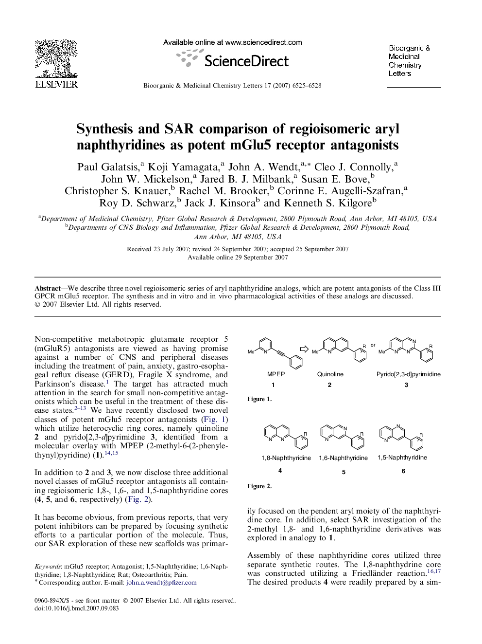 Synthesis and SAR comparison of regioisomeric aryl naphthyridines as potent mGlu5 receptor antagonists