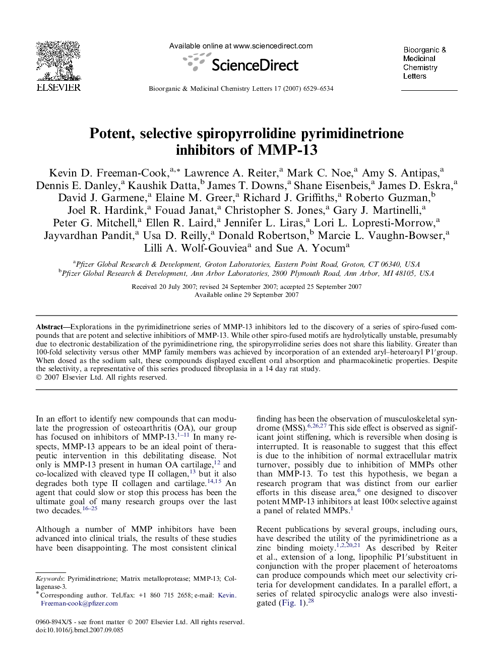 Potent, selective spiropyrrolidine pyrimidinetrione inhibitors of MMP-13