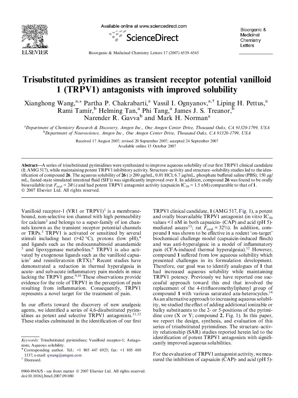 Trisubstituted pyrimidines as transient receptor potential vanilloid 1 (TRPV1) antagonists with improved solubility