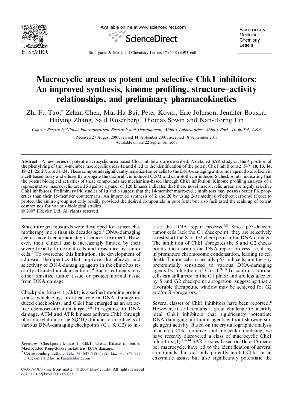 Macrocyclic ureas as potent and selective Chk1 inhibitors: An improved synthesis, kinome profiling, structure–activity relationships, and preliminary pharmacokinetics