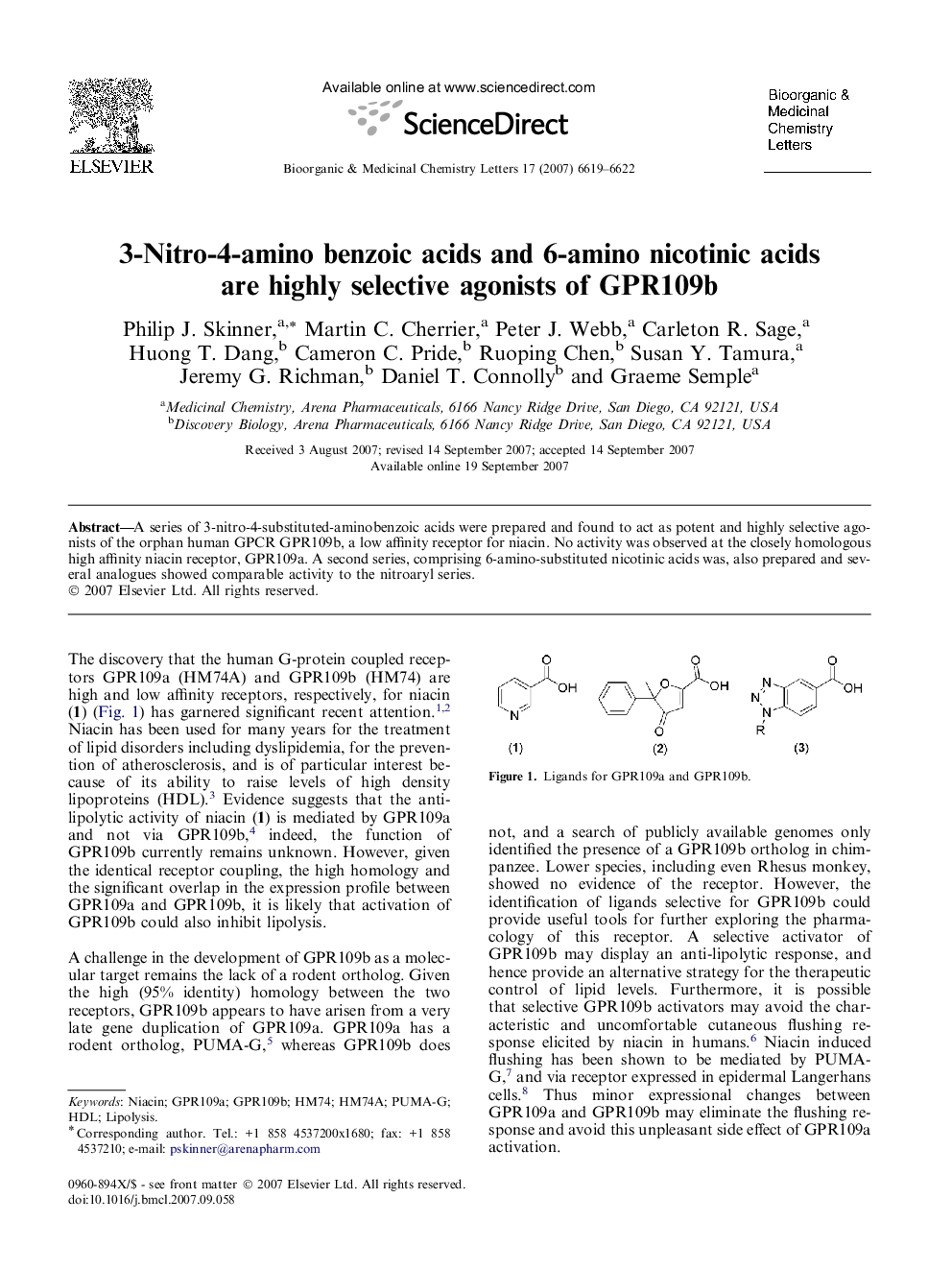 3-Nitro-4-amino benzoic acids and 6-amino nicotinic acids are highly selective agonists of GPR109b