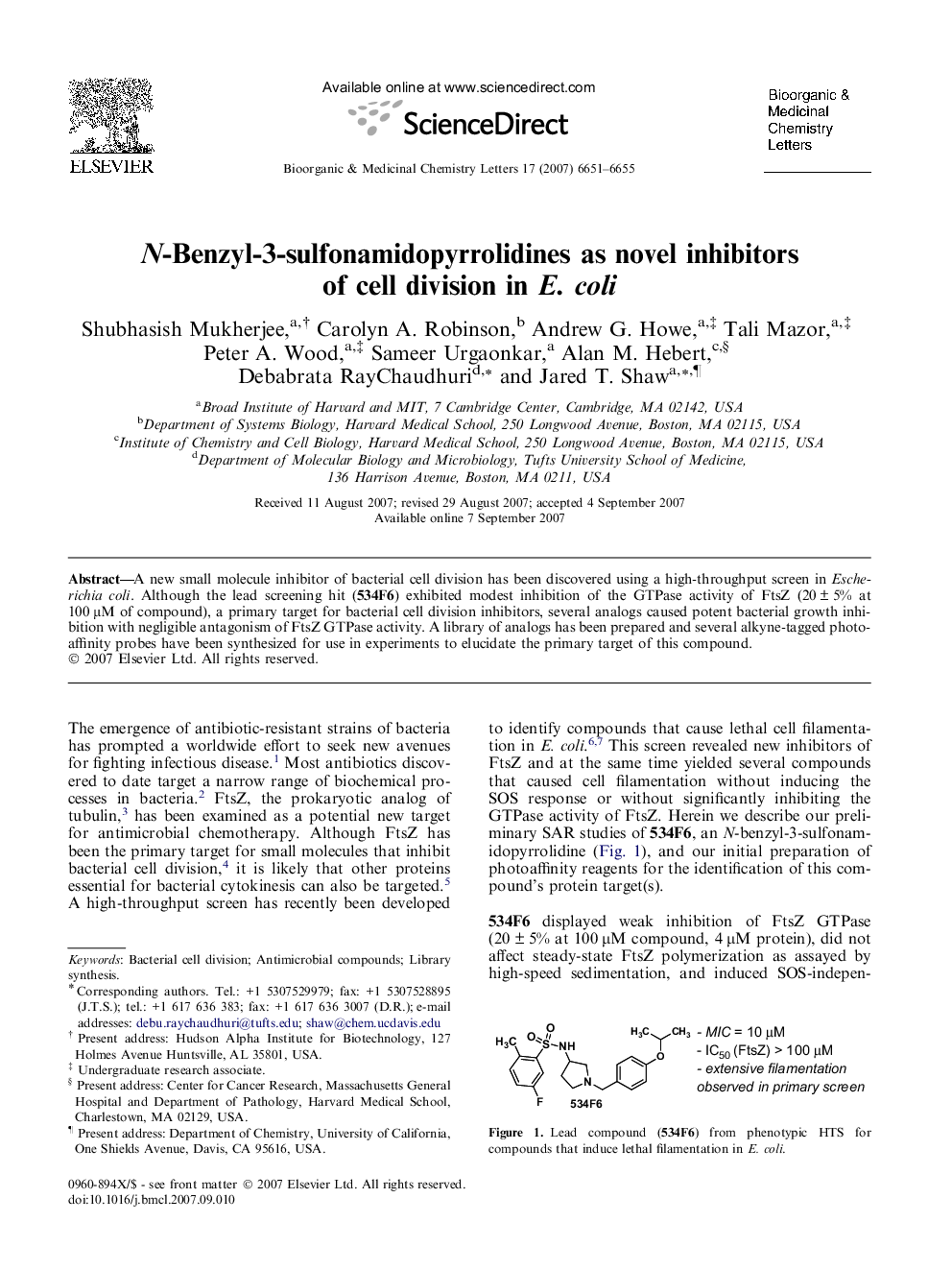 N-Benzyl-3-sulfonamidopyrrolidines as novel inhibitors of cell division in E. coli