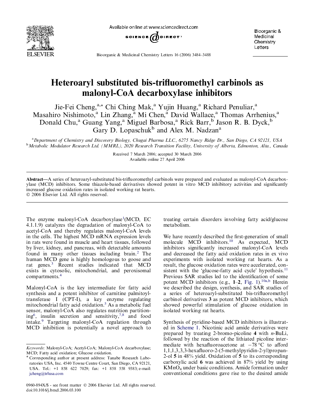 Heteroaryl substituted bis-trifluoromethyl carbinols as malonyl-CoA decarboxylase inhibitors