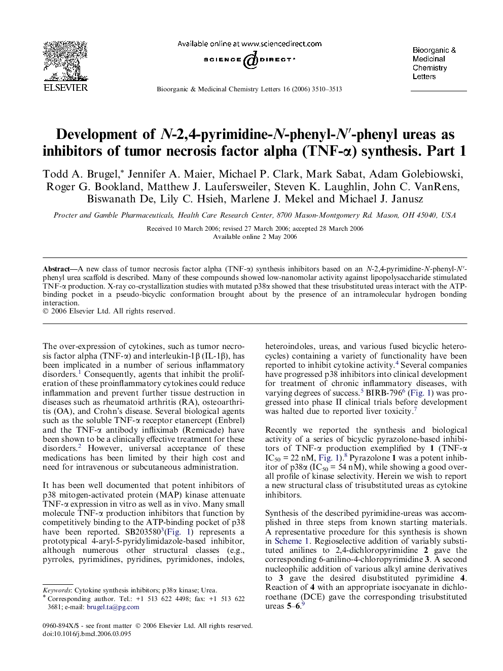 Development of N-2,4-pyrimidine-N-phenyl-N′-phenyl ureas as inhibitors of tumor necrosis factor alpha (TNF-α) synthesis. Part 1