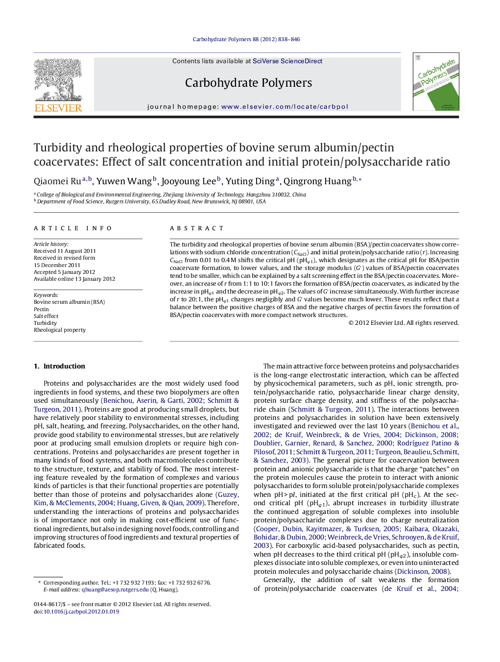 Turbidity and rheological properties of bovine serum albumin/pectin coacervates: Effect of salt concentration and initial protein/polysaccharide ratio