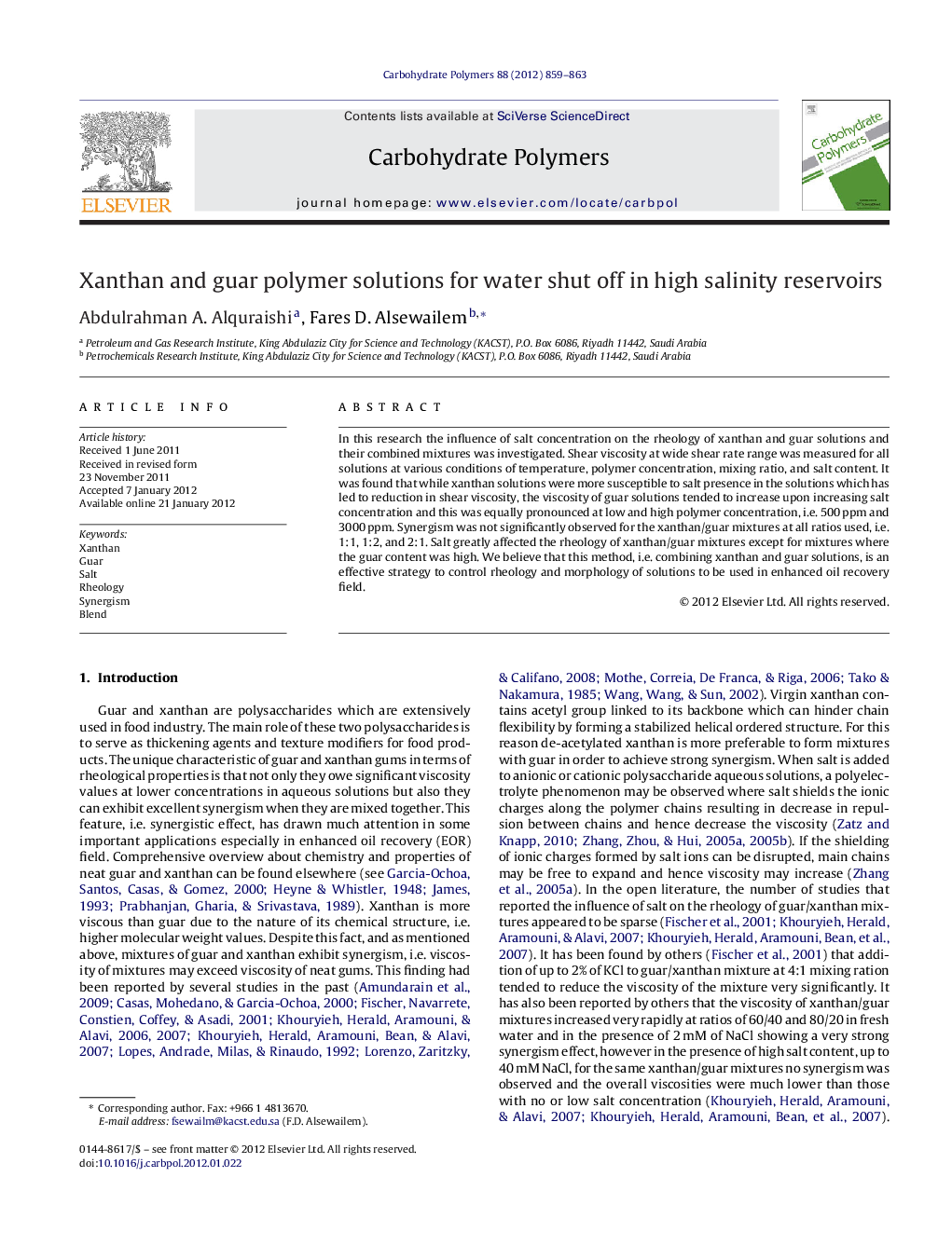 Xanthan and guar polymer solutions for water shut off in high salinity reservoirs