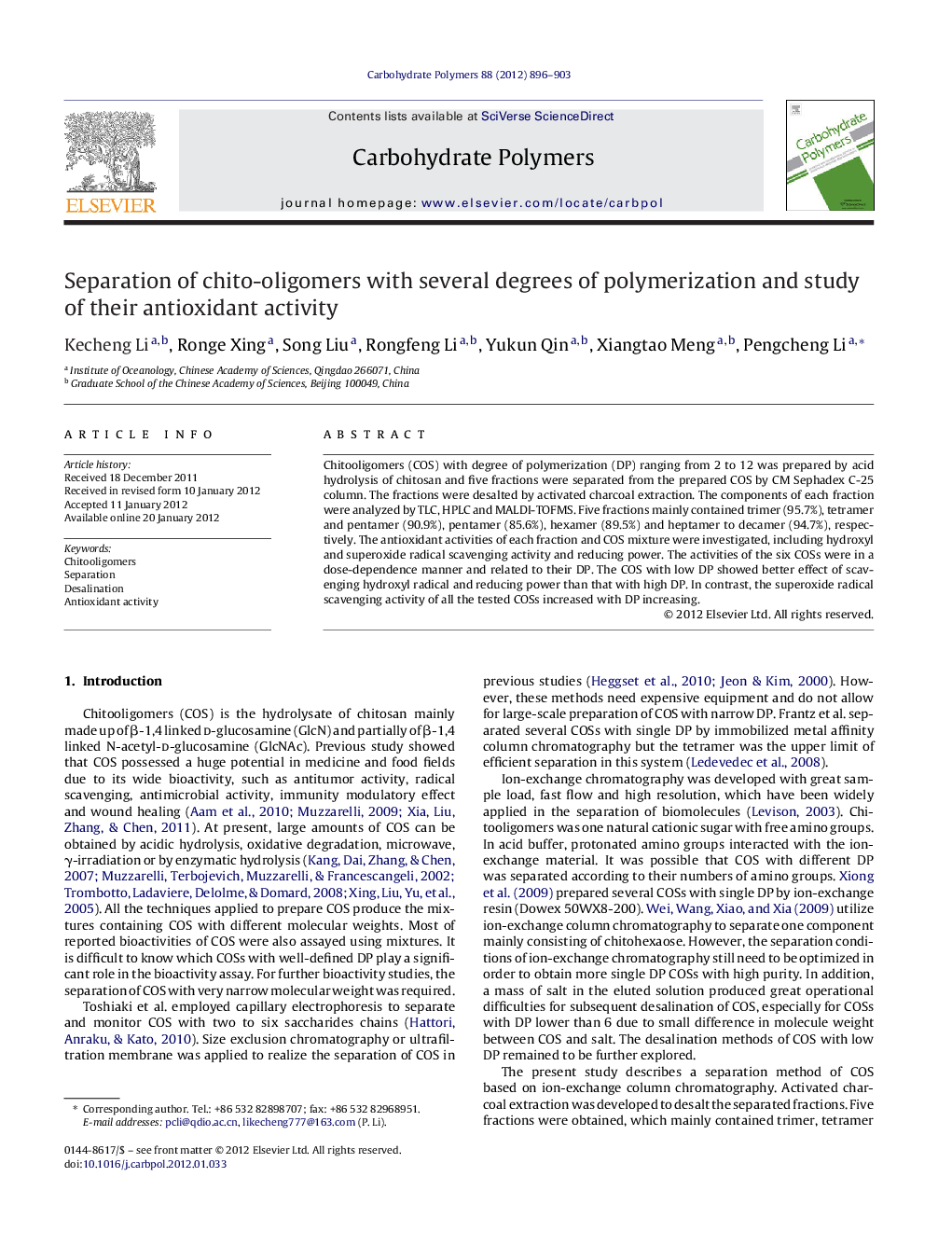Separation of chito-oligomers with several degrees of polymerization and study of their antioxidant activity