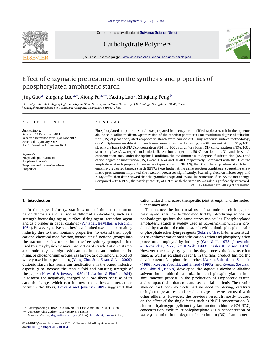 Effect of enzymatic pretreatment on the synthesis and properties of phosphorylated amphoteric starch