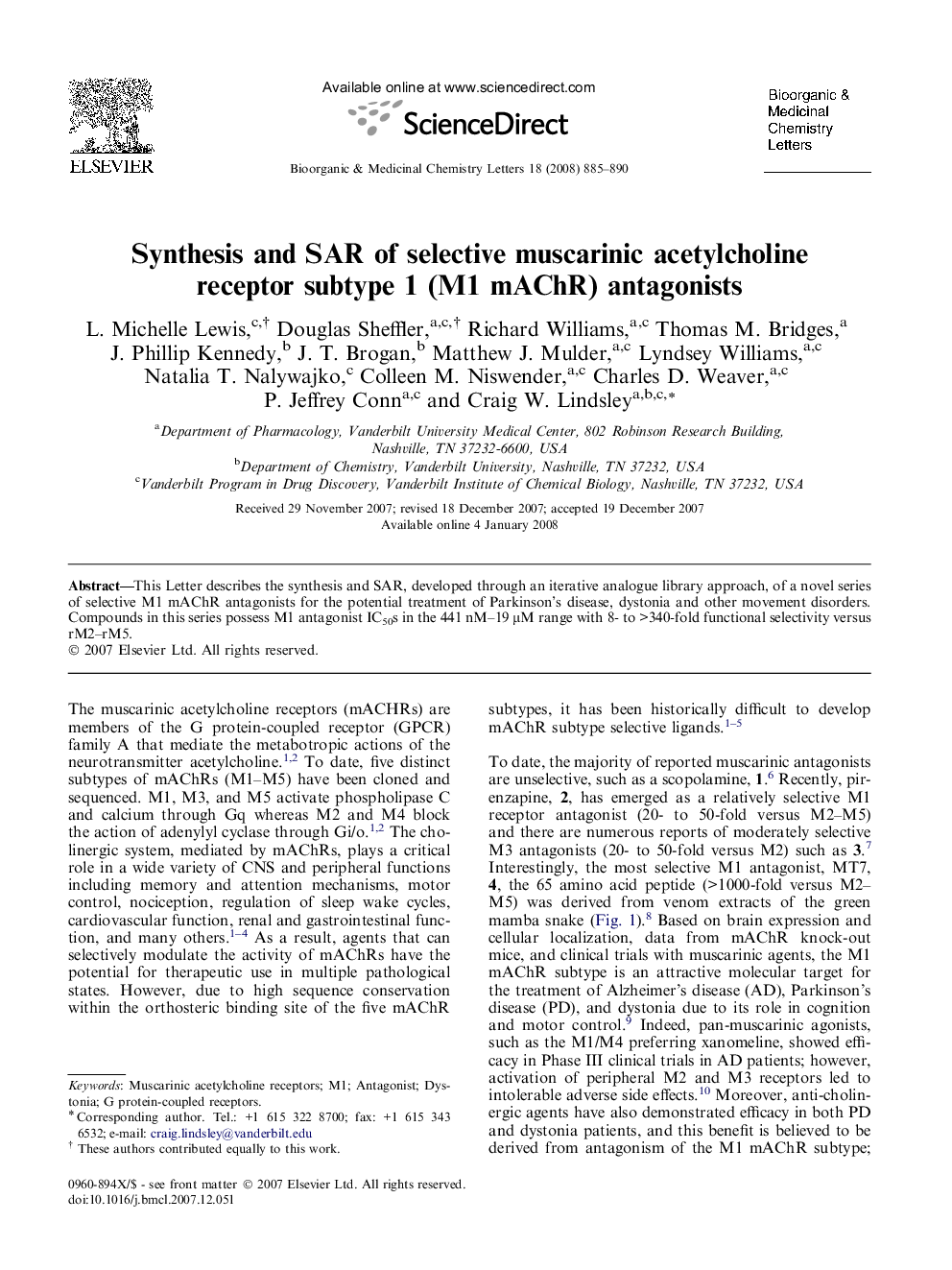 Synthesis and SAR of selective muscarinic acetylcholine receptor subtype 1 (M1 mAChR) antagonists