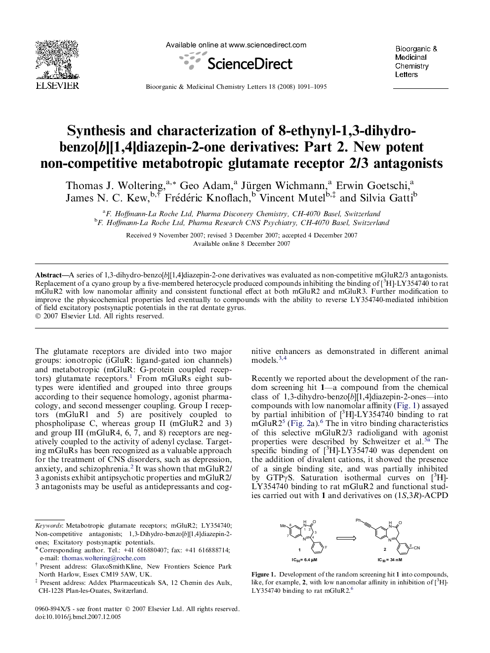 Synthesis and characterization of 8-ethynyl-1,3-dihydro-benzo[b][1,4]diazepin-2-one derivatives: Part 2. New potent non-competitive metabotropic glutamate receptor 2/3 antagonists