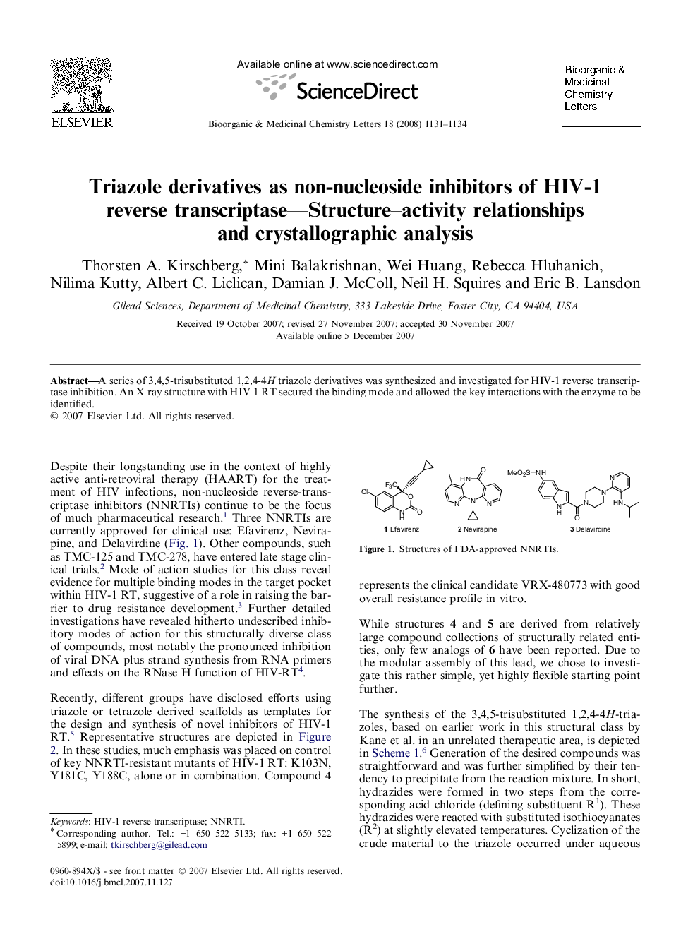 Triazole derivatives as non-nucleoside inhibitors of HIV-1 reverse transcriptase—Structure–activity relationships and crystallographic analysis