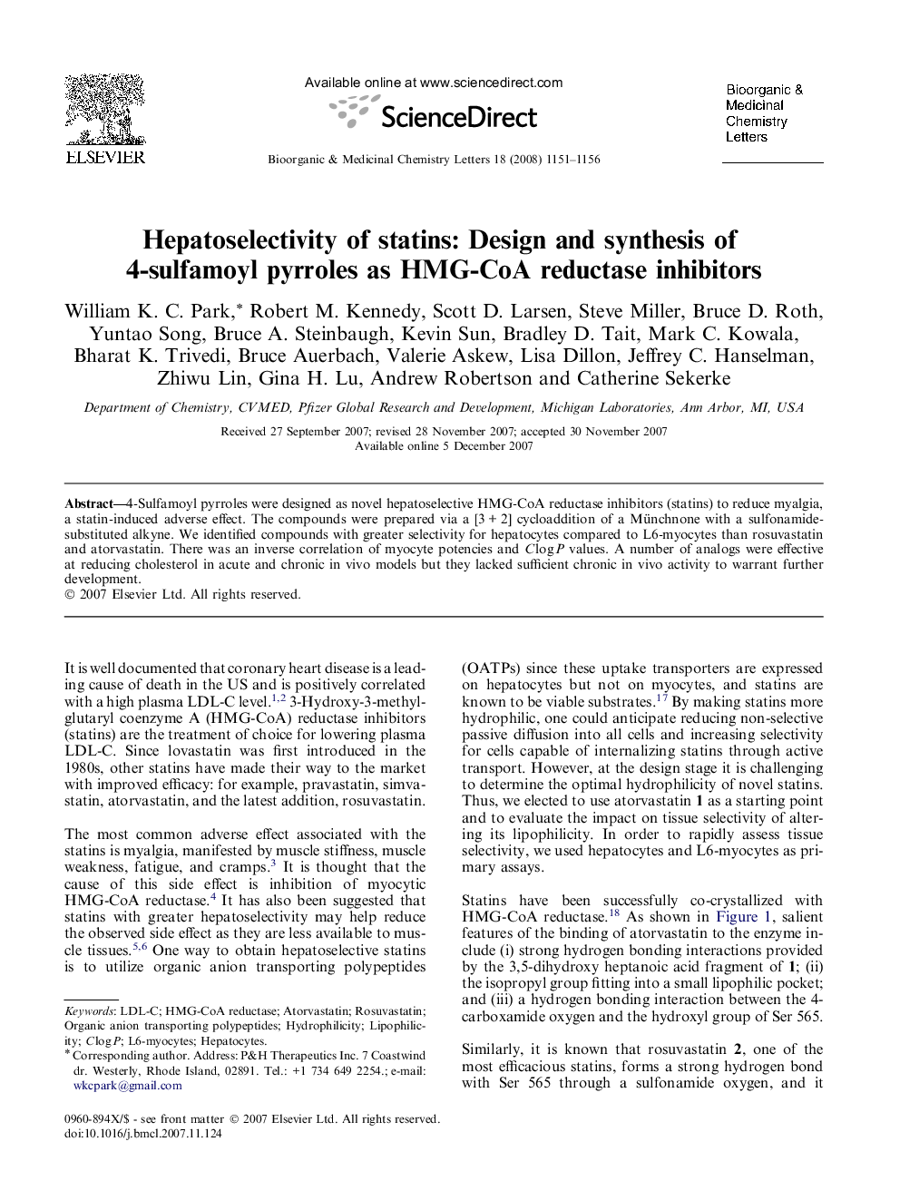 Hepatoselectivity of statins: Design and synthesis of 4-sulfamoyl pyrroles as HMG-CoA reductase inhibitors