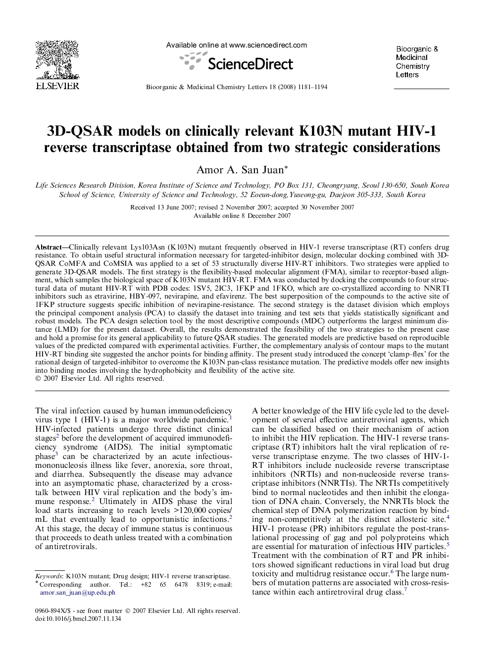 3D-QSAR models on clinically relevant K103N mutant HIV-1 reverse transcriptase obtained from two strategic considerations