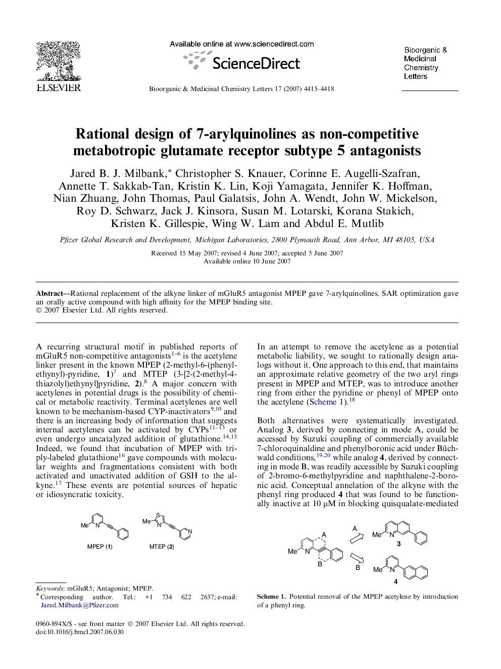 Rational design of 7-arylquinolines as non-competitive metabotropic glutamate receptor subtype 5 antagonists