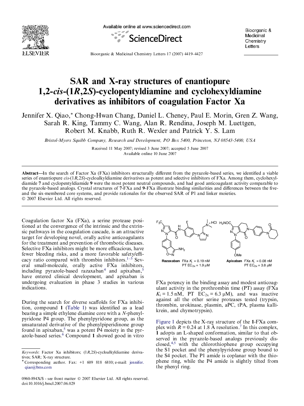SAR and X-ray structures of enantiopure 1,2-cis-(1R,2S)-cyclopentyldiamine and cyclohexyldiamine derivatives as inhibitors of coagulation Factor Xa