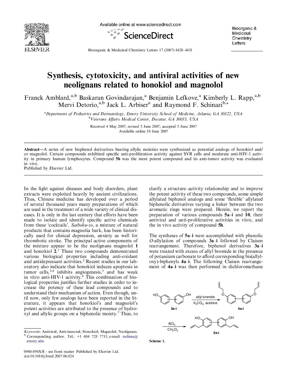 Synthesis, cytotoxicity, and antiviral activities of new neolignans related to honokiol and magnolol