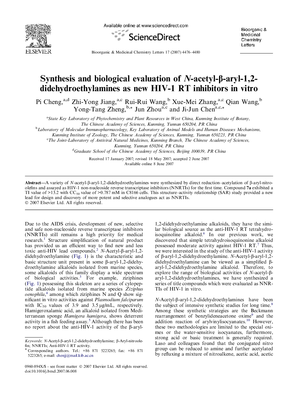 Synthesis and biological evaluation of N-acetyl-β-aryl-1,2-didehydroethylamines as new HIV-1 RT inhibitors in vitro