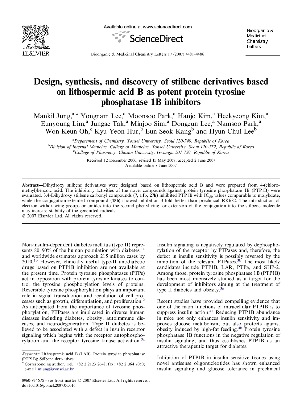 Design, synthesis, and discovery of stilbene derivatives based on lithospermic acid B as potent protein tyrosine phosphatase 1B inhibitors