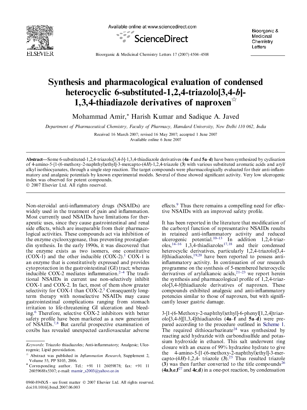 Synthesis and pharmacological evaluation of condensed heterocyclic 6-substituted-1,2,4-triazolo[3,4-b]-1,3,4-thiadiazole derivatives of naproxen 