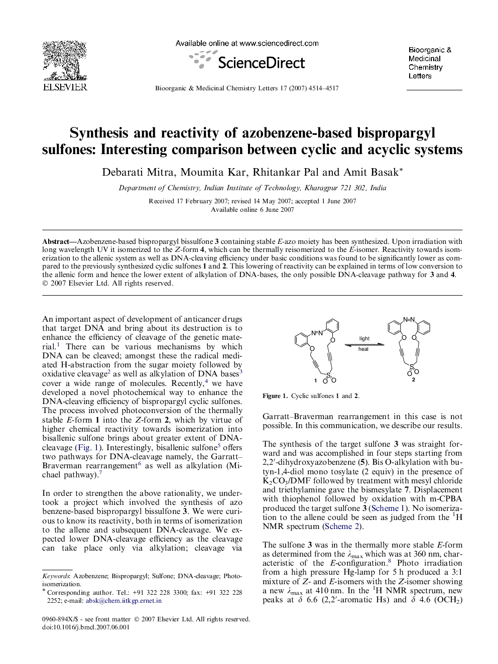 عکس صفحه اول مقاله: Synthesis and reactivity of azobenzene-based bispropargyl sulfones: Interesting comparison between cyclic and acyclic systems Synthesis and reactivity of azobenzene-based bispropargyl sulfones: Interesting comparison between cyclic and acyclic systems