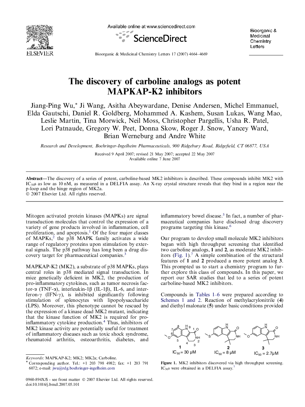 The discovery of carboline analogs as potent MAPKAP-K2 inhibitors