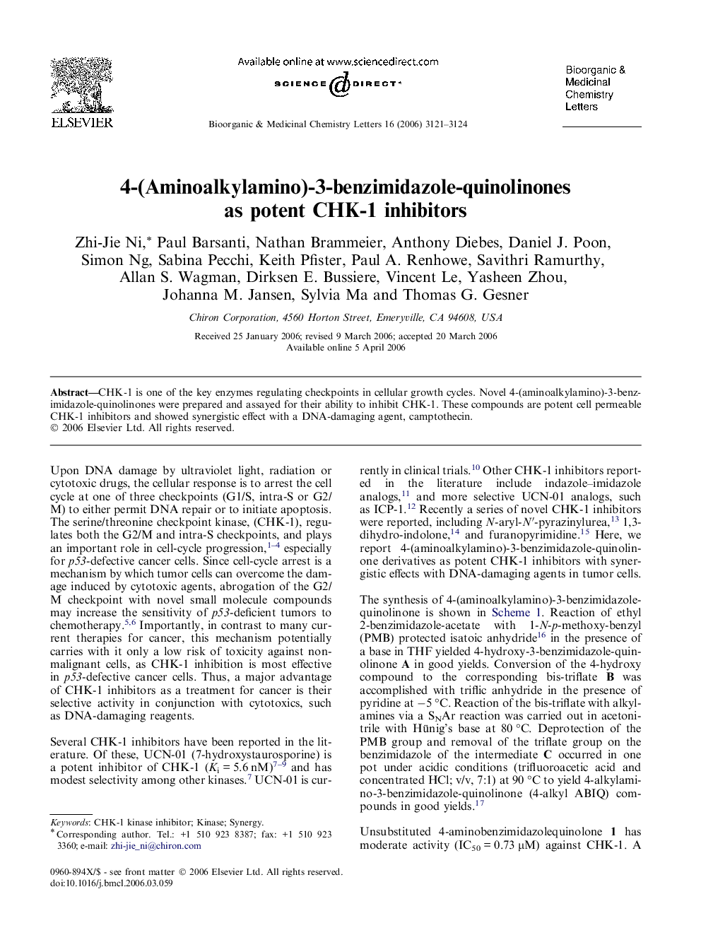 4-(Aminoalkylamino)-3-benzimidazole-quinolinones as potent CHK-1 inhibitors