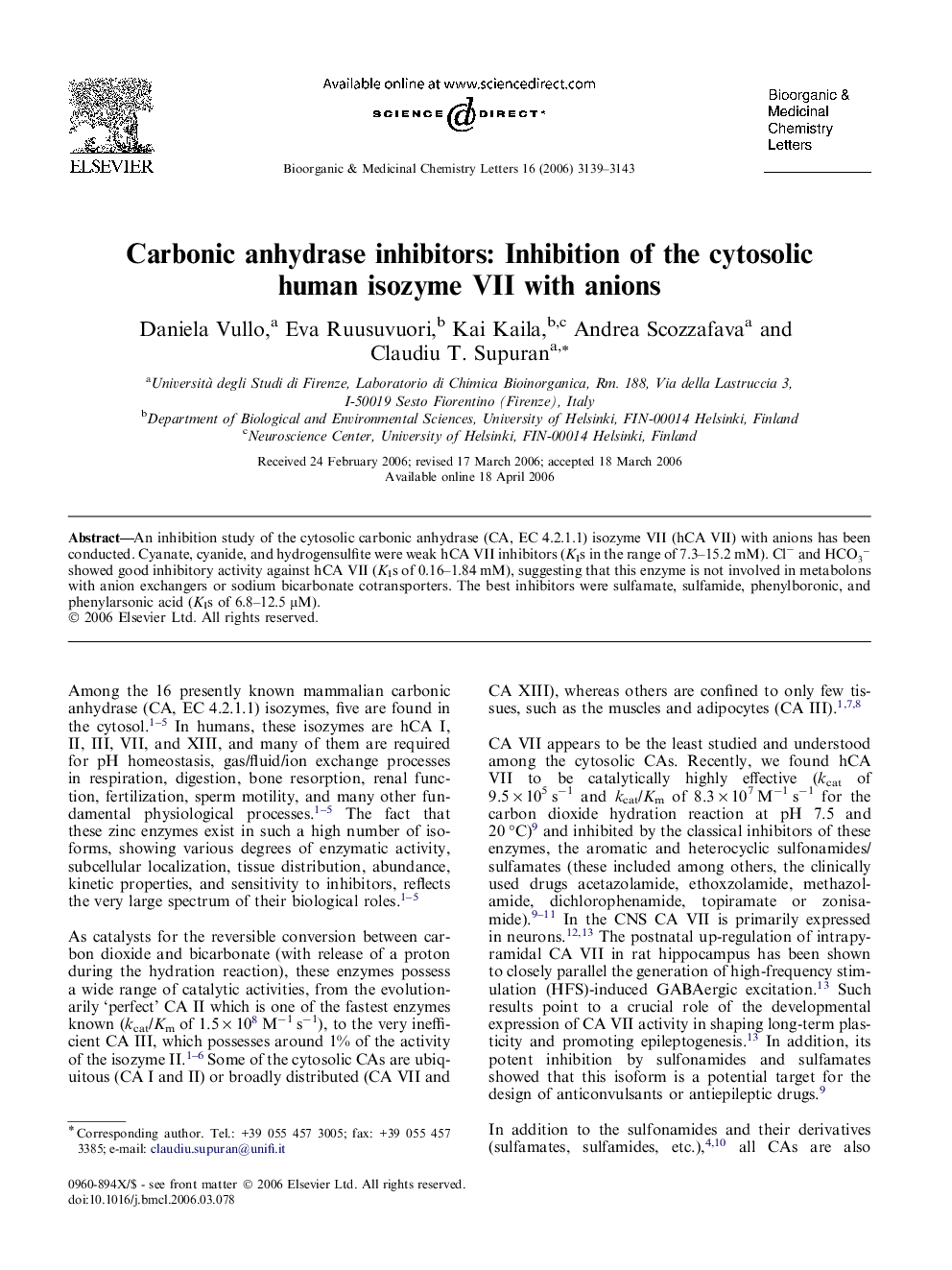 Carbonic anhydrase inhibitors: Inhibition of the cytosolic human isozyme VII with anions