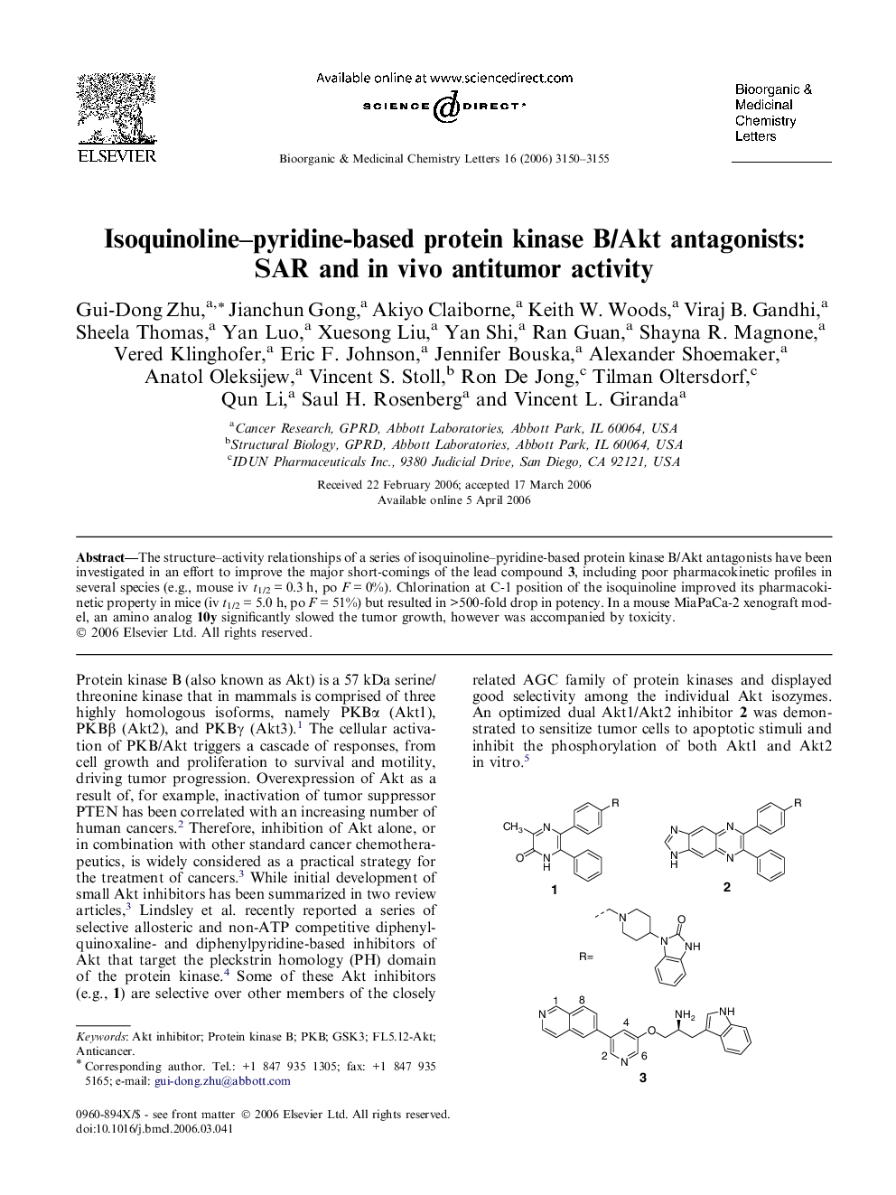 Isoquinoline–pyridine-based protein kinase B/Akt antagonists: SAR and in vivo antitumor activity