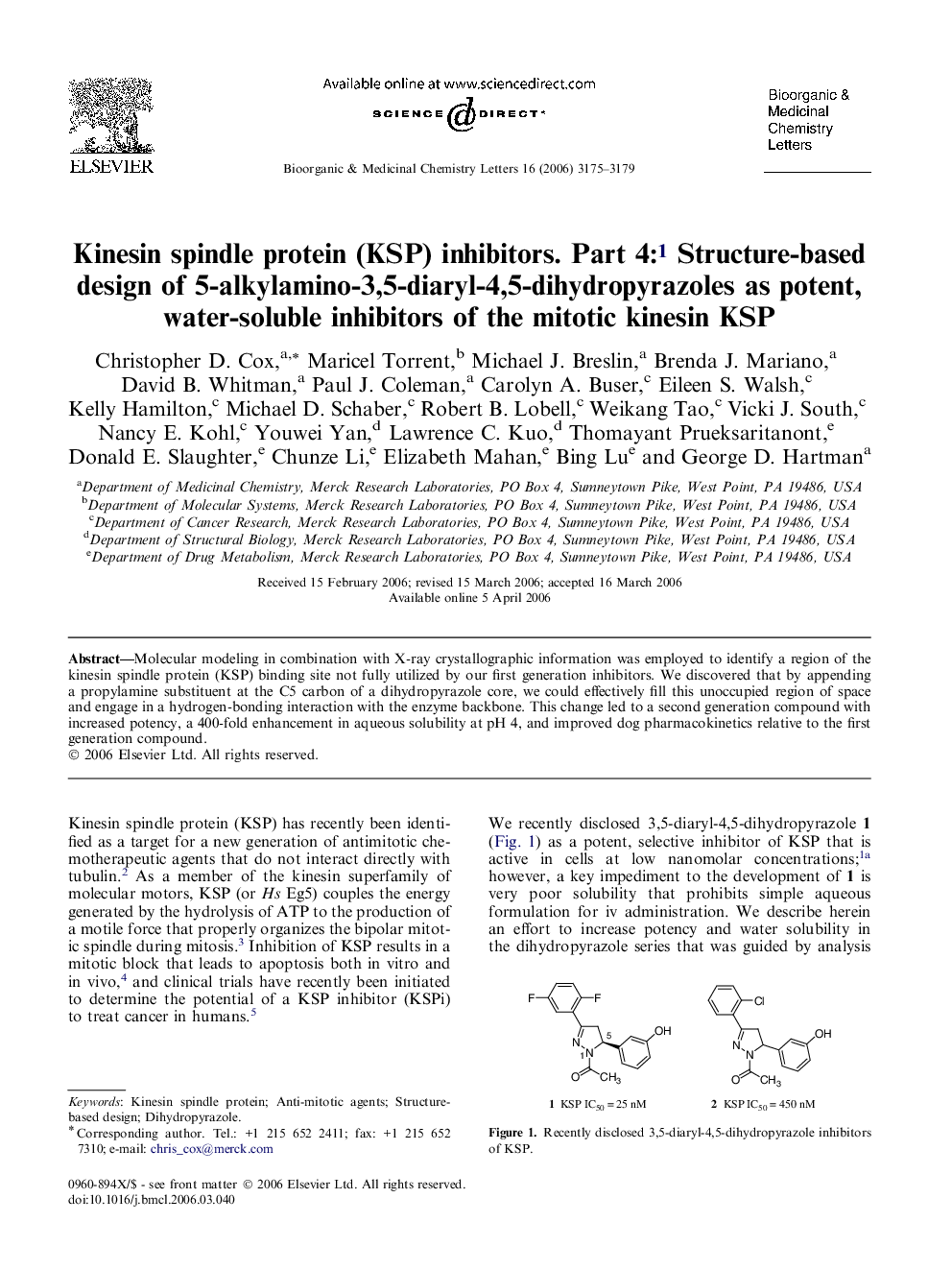 Kinesin spindle protein (KSP) inhibitors. Part 4:1 Structure-based design of 5-alkylamino-3,5-diaryl-4,5-dihydropyrazoles as potent, water-soluble inhibitors of the mitotic kinesin KSP