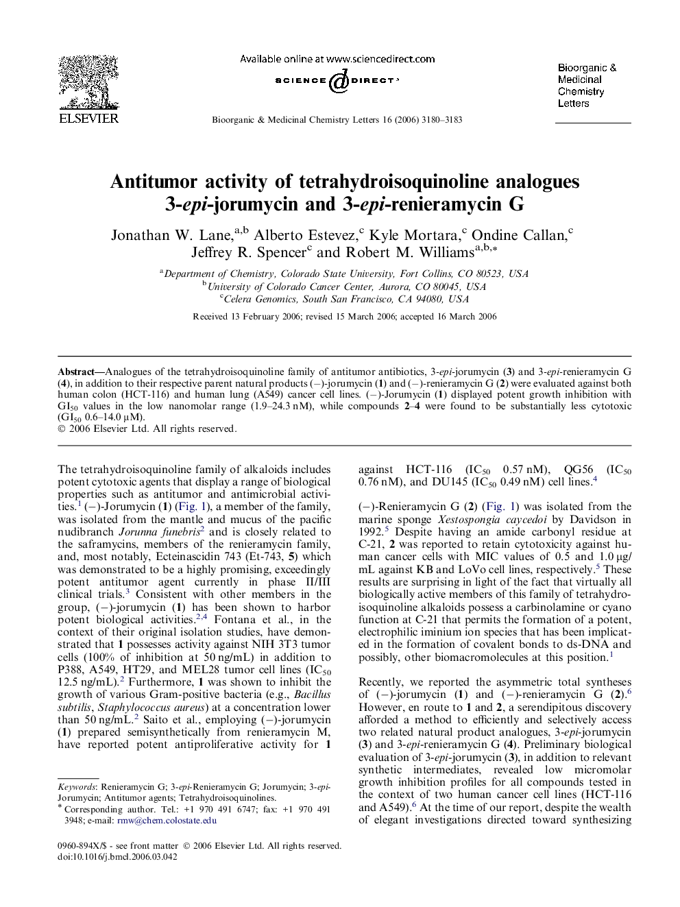 Antitumor activity of tetrahydroisoquinoline analogues 3-epi-jorumycin and 3-epi-renieramycin G