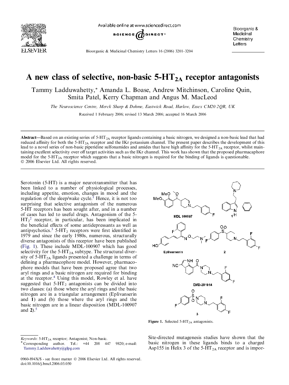 A new class of selective, non-basic 5-HT2A receptor antagonists