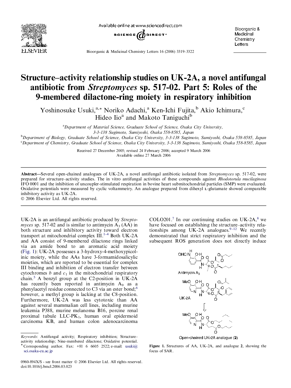 Structure–activity relationship studies on UK-2A, a novel antifungal antibiotic from Streptomyces sp. 517-02. Part 5: Roles of the 9-membered dilactone-ring moiety in respiratory inhibition