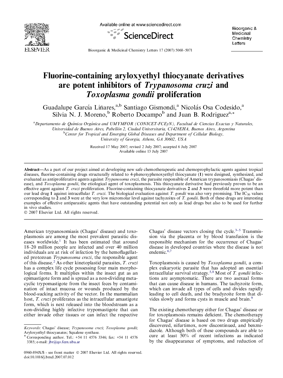 Fluorine-containing aryloxyethyl thiocyanate derivatives are potent inhibitors of Trypanosoma cruzi and Toxoplasma gondii proliferation